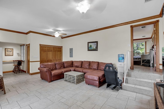 living room with crown molding, ceiling fan, and electric panel