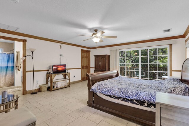 bedroom featuring ceiling fan and ornamental molding