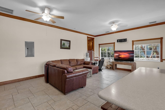 living room with crown molding, electric panel, and ceiling fan