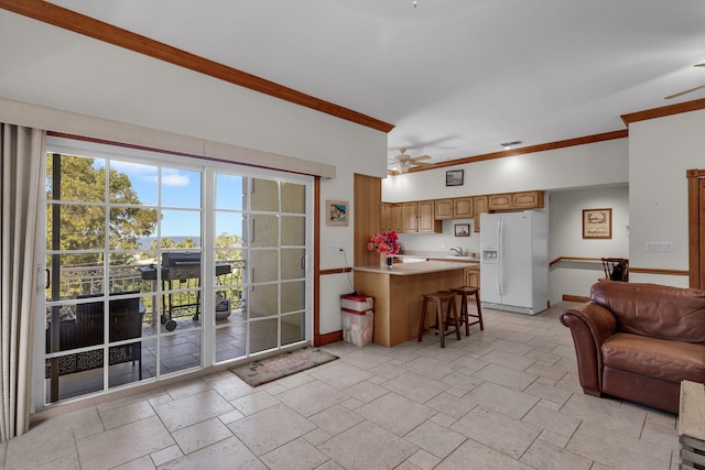 kitchen featuring sink, crown molding, a breakfast bar, ceiling fan, and white fridge with ice dispenser