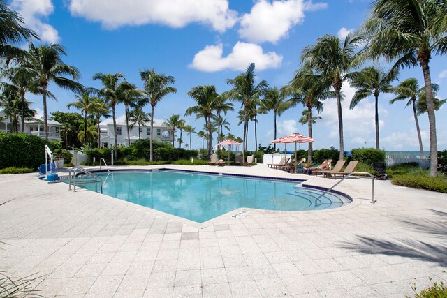 view of swimming pool featuring a patio area