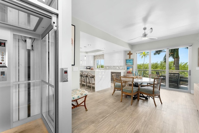 dining space featuring elevator, a ceiling fan, and light wood finished floors