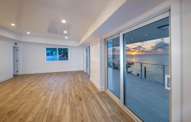 empty room with light wood-style floors, a tray ceiling, a water view, and baseboards