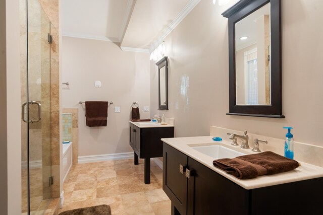 bathroom featuring ornamental molding, separate shower and tub, and vanity