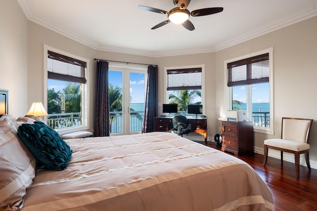 bedroom with dark wood-type flooring, ceiling fan, and crown molding