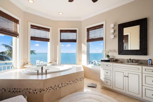 bathroom featuring crown molding, a water view, tiled bath, and tile patterned floors