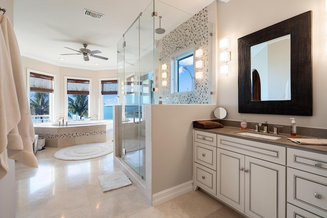 bathroom with tile patterned floors, ornamental molding, vanity, independent shower and bath, and ceiling fan