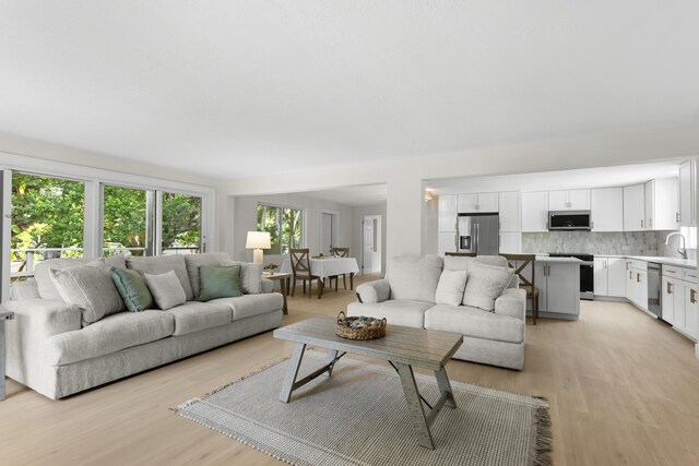 living room with sink and light wood-type flooring