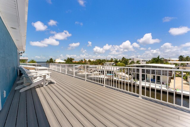 wooden terrace featuring a water view