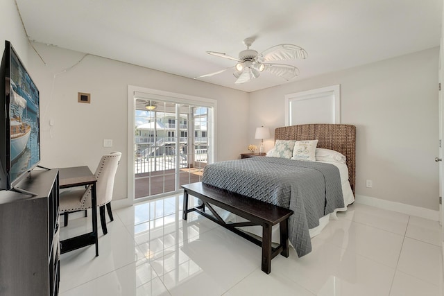 tiled bedroom with access to exterior and ceiling fan