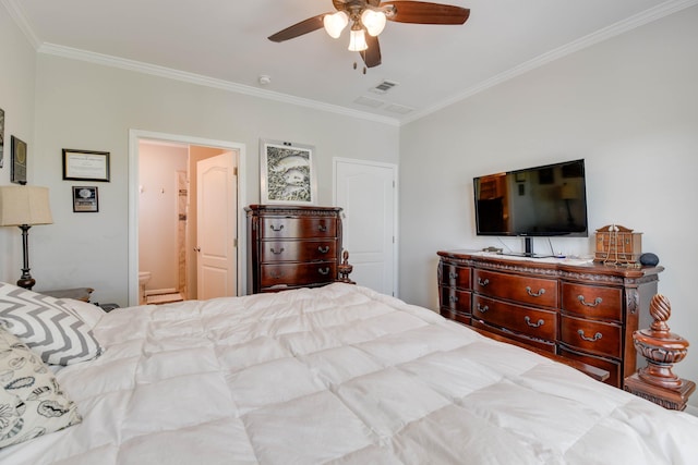 480 E 105th Street Ocean St, Marathon, FL 33050 - bedroom with ceiling fan, connected bathroom, and crown molding