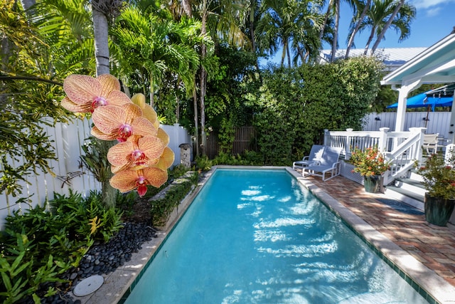 view of pool with a deck, a fenced backyard, and a fenced in pool