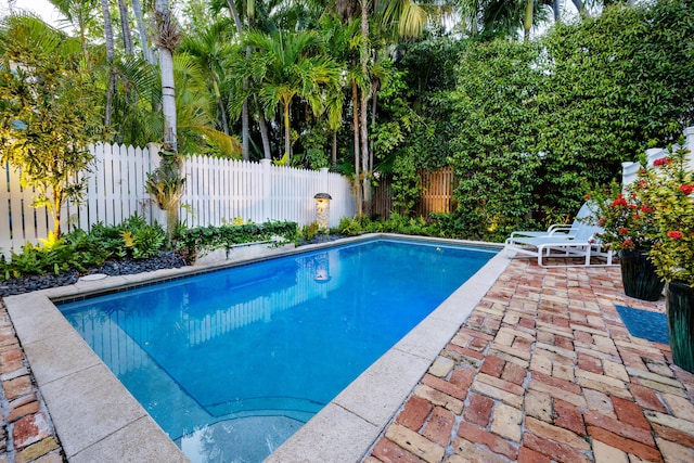 view of swimming pool with a fenced backyard, a fenced in pool, and a patio