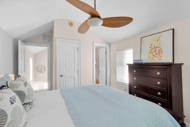 bedroom featuring vaulted ceiling and ceiling fan