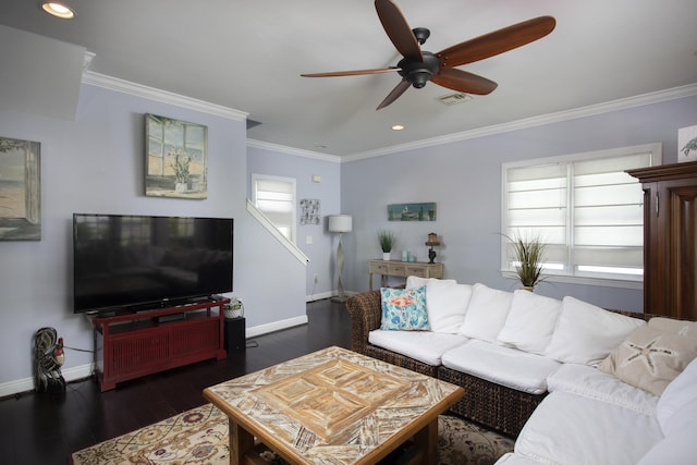 214 Golf Club Dr, Key West, FL 33040 - living room with dark hardwood / wood-style flooring, ceiling fan, crown molding, and a healthy amount of sunlight