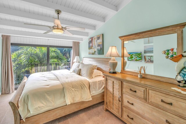 bedroom featuring vaulted ceiling with beams, light carpet, and ceiling fan