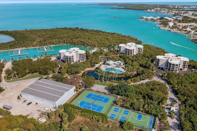 bird's eye view with a water view