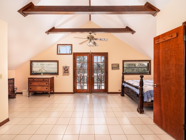 interior space featuring light tile patterned floors, french doors, vaulted ceiling with beams, and baseboards