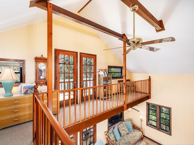 stairs featuring lofted ceiling with beams, carpet floors, and a ceiling fan