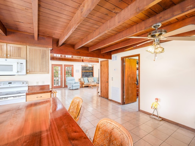 unfurnished dining area featuring beam ceiling, a ceiling fan, wooden ceiling, light tile patterned floors, and baseboards