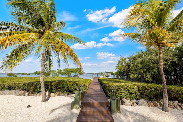 view of property's community with a water view and a boat dock