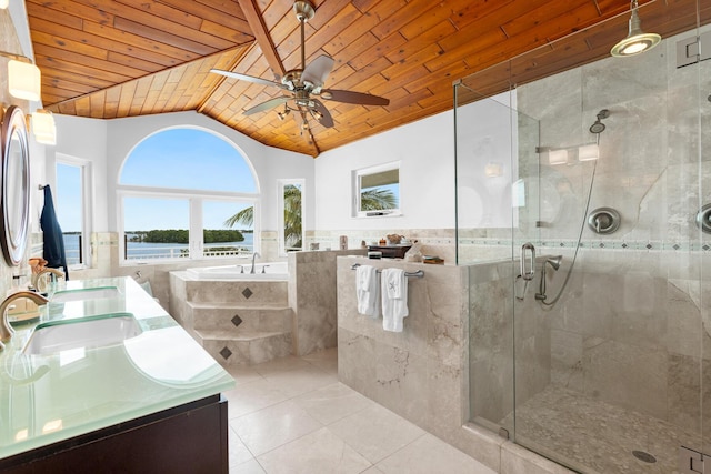 bathroom with wood ceiling, vaulted ceiling, vanity, a shower with door, and tile patterned flooring