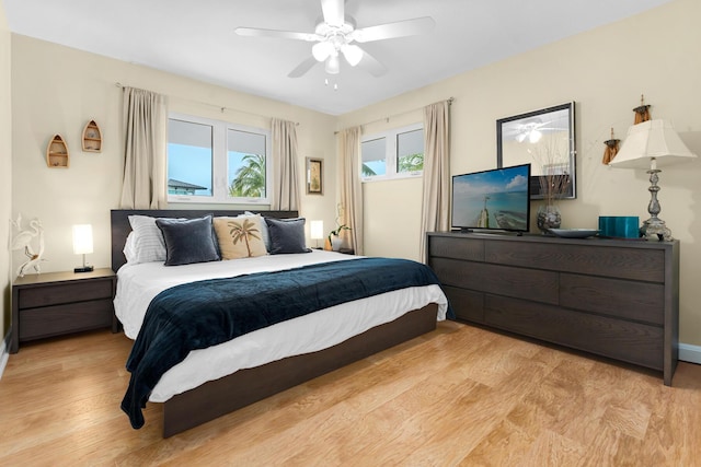 bedroom with ceiling fan and light wood-type flooring