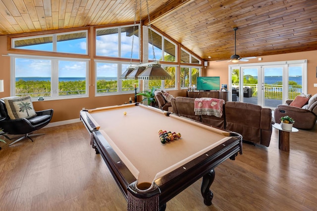 game room with wood-type flooring, lofted ceiling, and wood ceiling