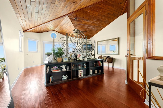 dining room featuring wood ceiling, high vaulted ceiling, and hardwood / wood-style flooring