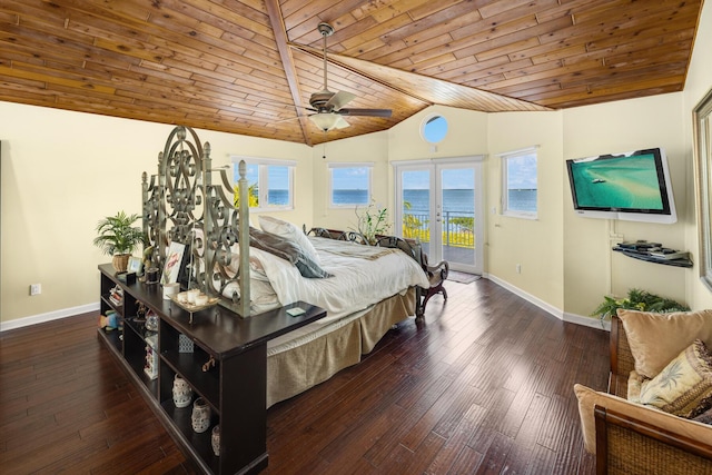 bedroom with vaulted ceiling, access to outside, dark wood-type flooring, wooden ceiling, and french doors