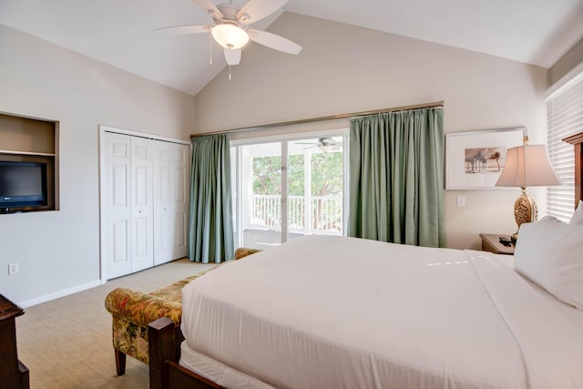 bedroom with ceiling fan, high vaulted ceiling, light carpet, access to outside, and a closet