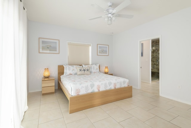 tiled bedroom featuring ceiling fan