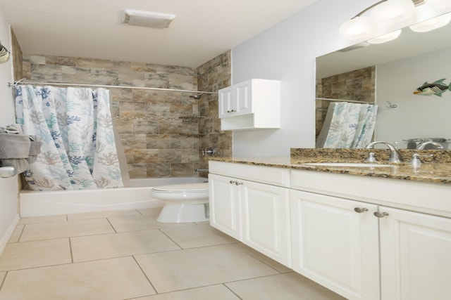 full bathroom with shower / bath combination with curtain, vanity, tile patterned floors, and toilet