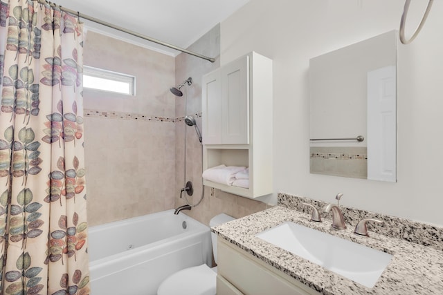 full bathroom featuring vanity, shower / bathtub combination with curtain, and toilet