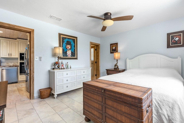 bedroom with stainless steel refrigerator, ceiling fan, and light tile patterned flooring