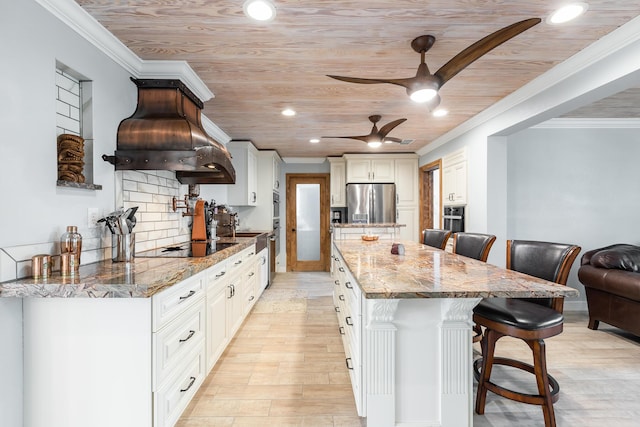 kitchen featuring crown molding, stainless steel fridge with ice dispenser, wood ceiling, and a kitchen bar