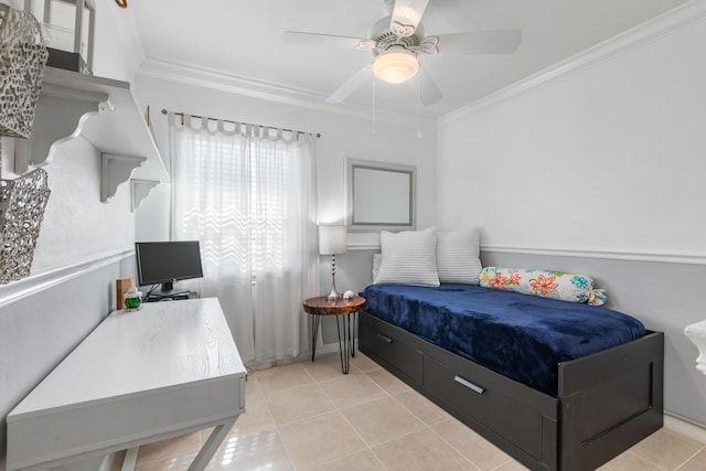 bedroom featuring light tile patterned flooring, ceiling fan, and ornamental molding