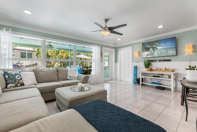 tiled living room with crown molding and ceiling fan