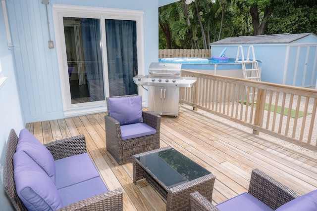 768 Musa Dr, Key Largo, FL 33037 - wooden terrace featuring a shed and a grill