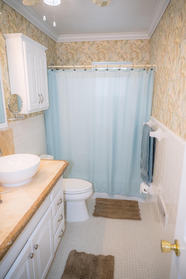 768 Musa Dr, Key Largo, FL 33037 - full bathroom with ornamental molding, vanity, tile patterned floors, a shower with curtain, and tile walls