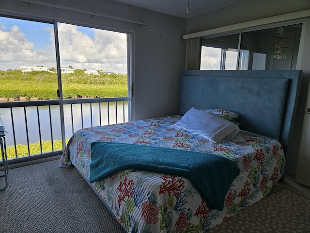 carpeted bedroom featuring a water view