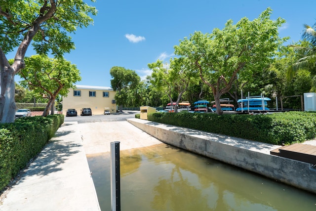 view of street with a water view