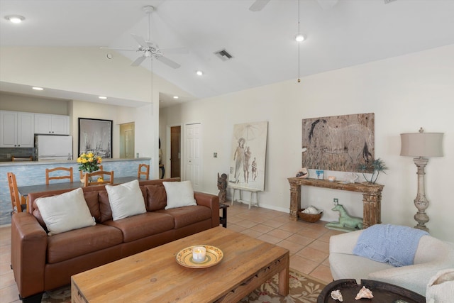 living room with light tile patterned floors, visible vents, ceiling fan, high vaulted ceiling, and recessed lighting