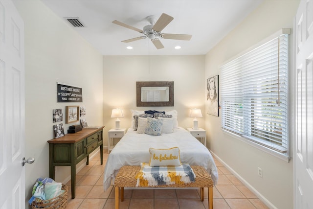 bedroom with light tile patterned floors, recessed lighting, a ceiling fan, visible vents, and baseboards