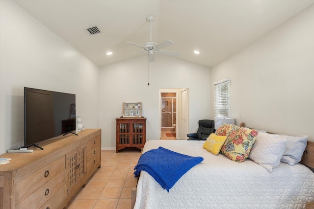 bedroom with light tile patterned floors, lofted ceiling, recessed lighting, visible vents, and a ceiling fan