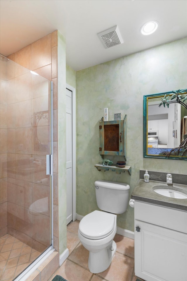 full bath with tile patterned flooring, toilet, vanity, visible vents, and a stall shower