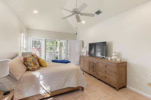 bedroom featuring light tile patterned floors, recessed lighting, visible vents, high vaulted ceiling, and baseboards