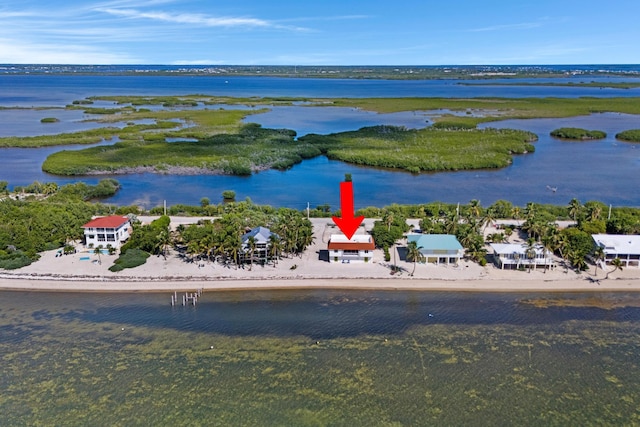 aerial view featuring a beach view and a water view