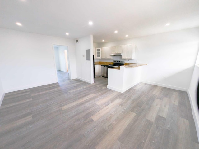 kitchen featuring wood-type flooring, sink, white cabinets, kitchen peninsula, and electric stove