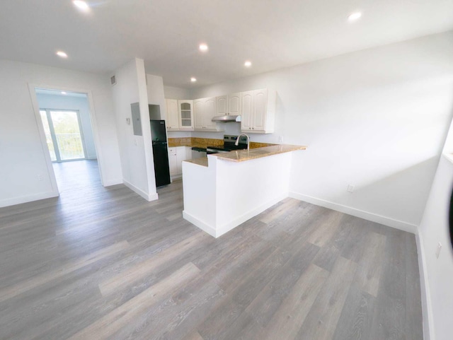 kitchen featuring hardwood / wood-style flooring, electric stove, white cabinets, and kitchen peninsula